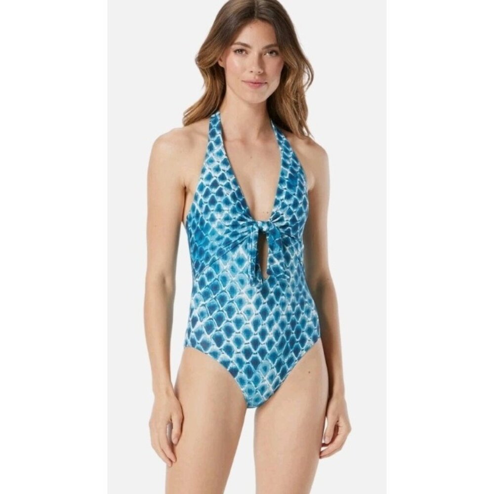 Vince Camuto Nile Boa Blue Tie Front Halter Swimsuit One-Piece‎ 10 NWOT